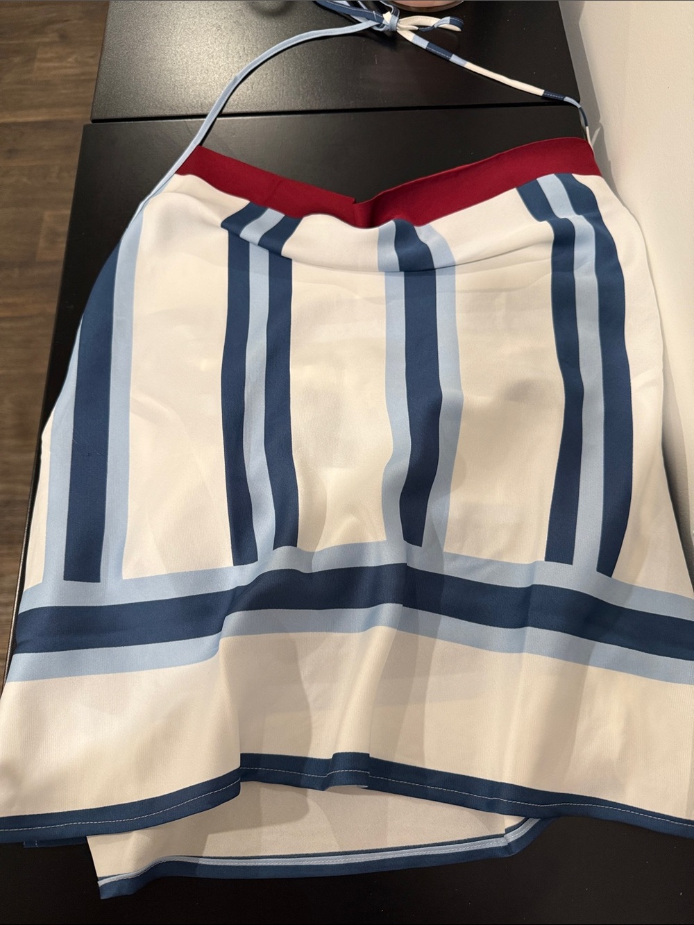 LOFT White with Navy and Light Blue Stripes.
